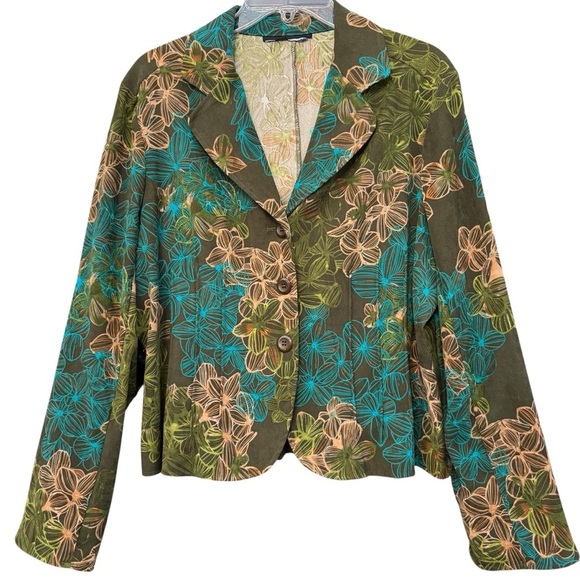 Silky Floral Blazer Jacket Green Blue Peach Button Front M/L - Picture 1 of 4